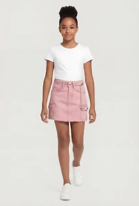 Girls Acid Wash Denim Raw Hem Cargo Skirt with Chain Belt