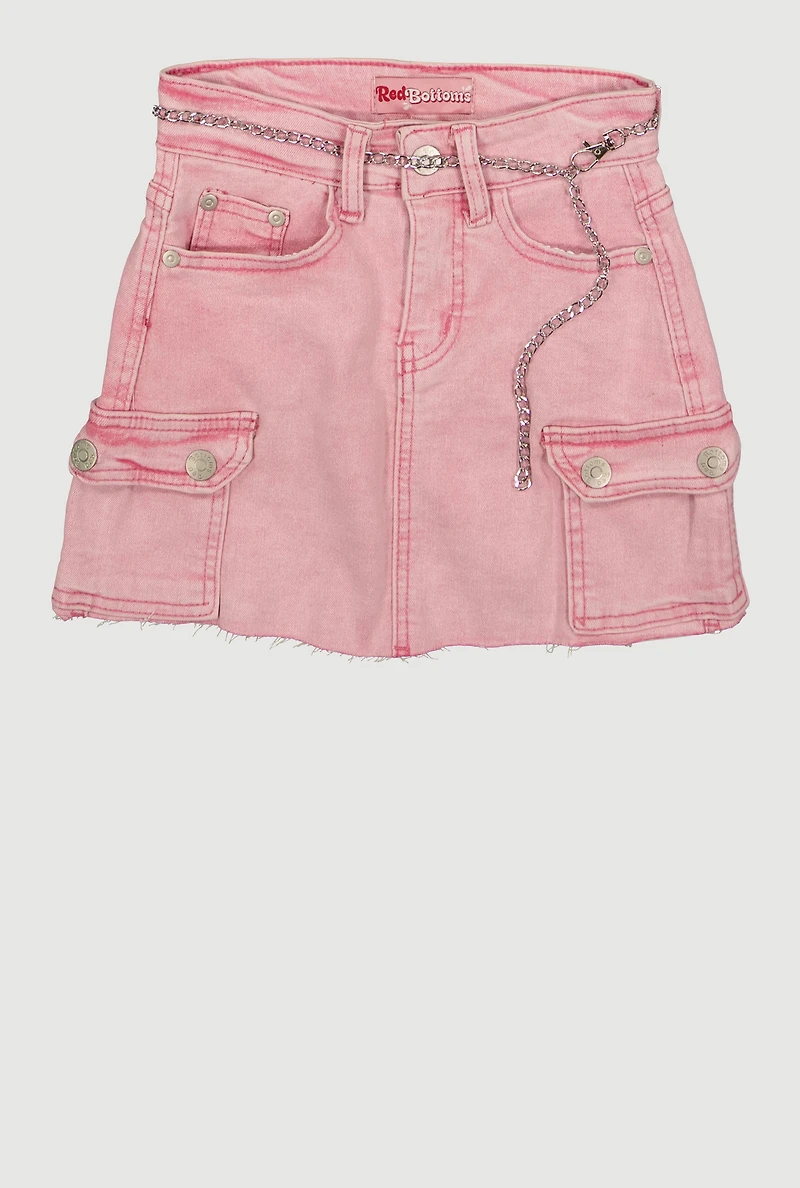 Girls Acid Wash Denim Raw Hem Cargo Skirt with Chain Belt