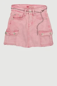 Girls Acid Wash Denim Raw Hem Cargo Skirt with Chain Belt