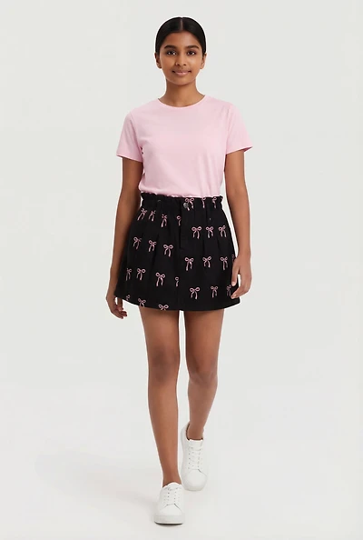 Girls Pleated Bow Print Skirt