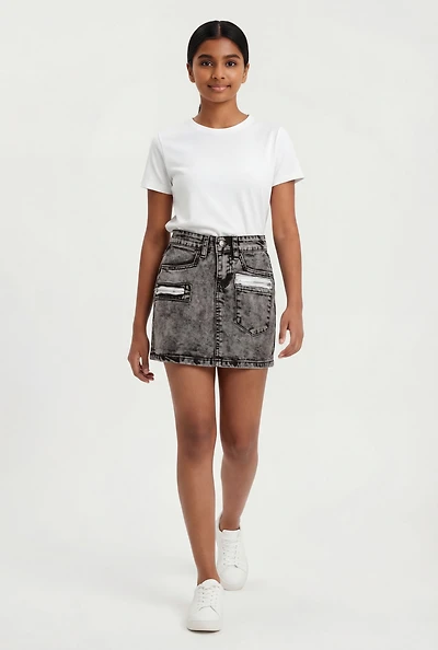 Girls Zipper Detail Acid Wash Denim Skirt