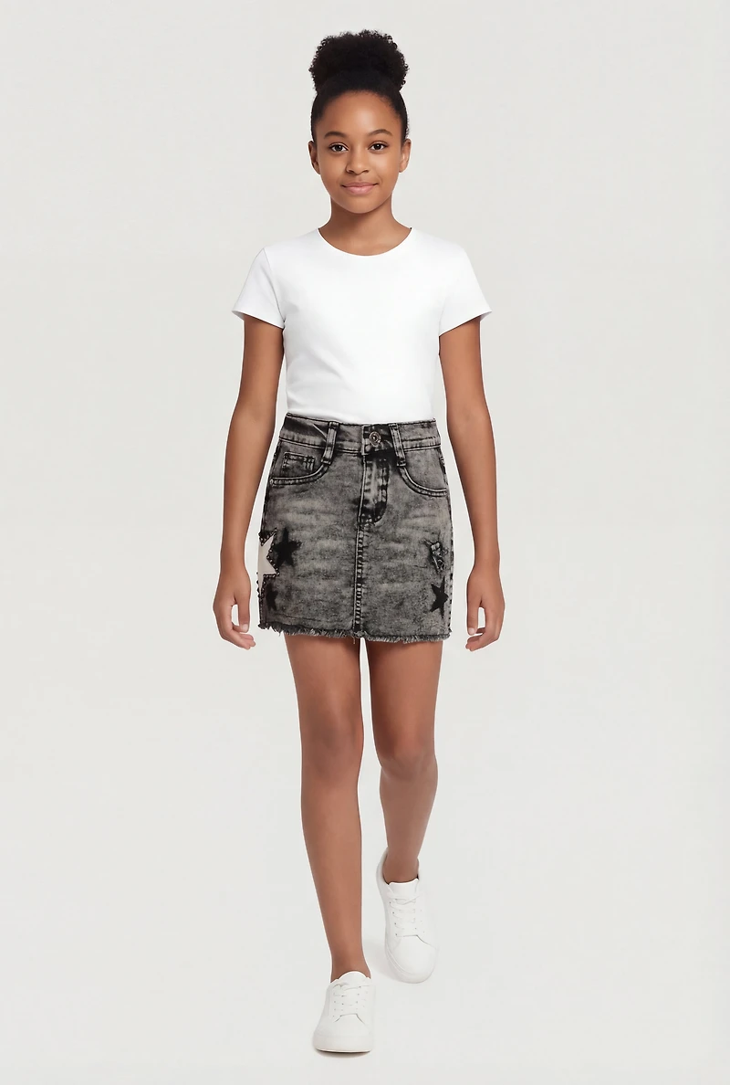 Girls Acid Wash Beaded Star Graphic Frayed Denim Skirt
