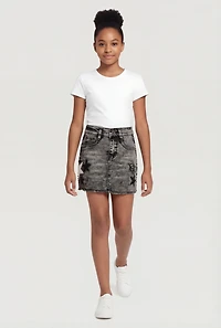 Girls Acid Wash Beaded Star Graphic Frayed Denim Skirt