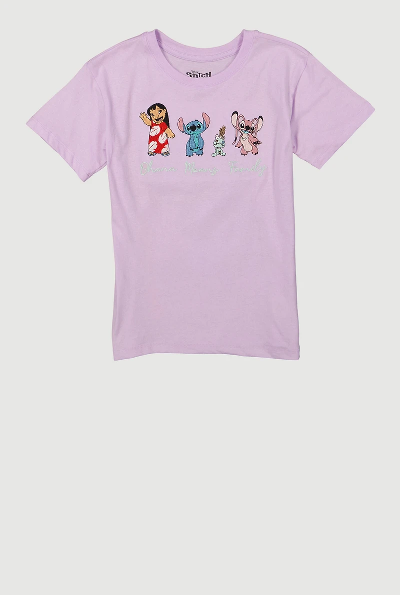 Girls Embroidered Stitch Ohana Means Family Graphic Tee