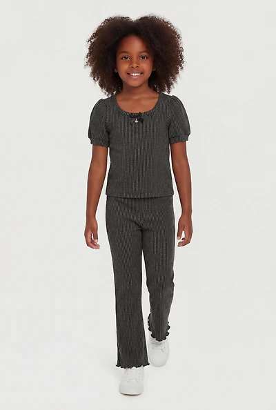Little Girls Rib Knit Lettuce Edge Puff Sleeve Top and Pants