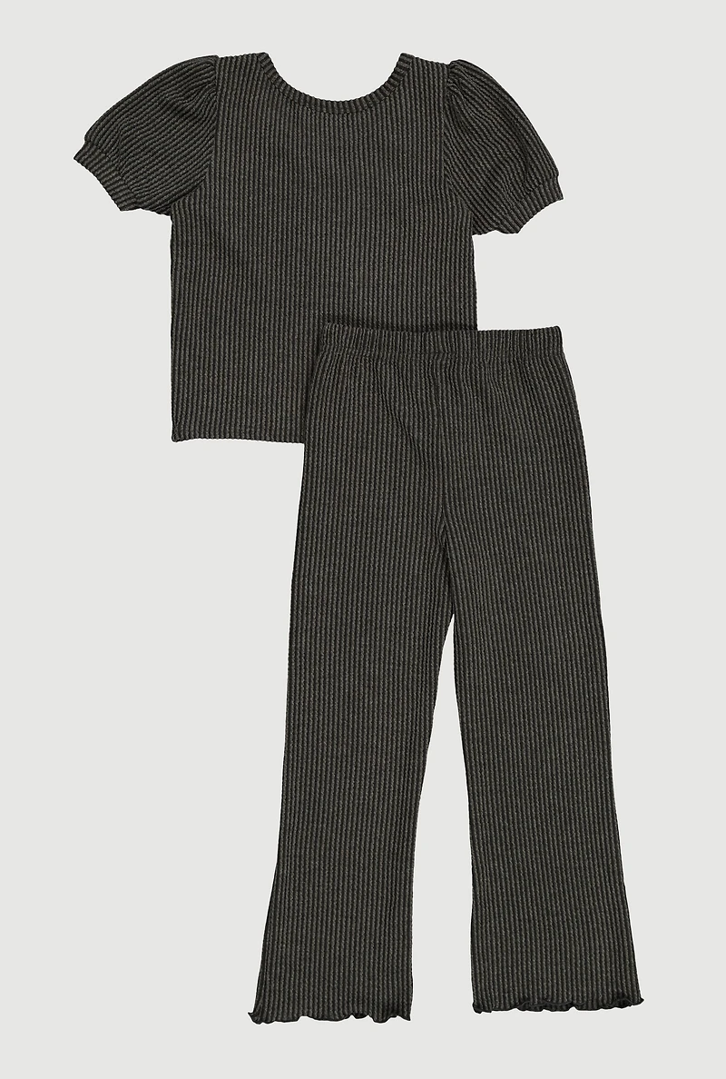 Little Girls Rib Knit Lettuce Edge Puff Sleeve Top and Pants