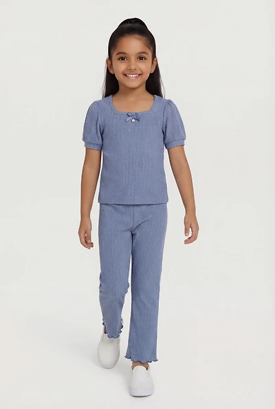 Little Girls Rib Knit Lettuce Edge Puff Sleeve Top and Pants