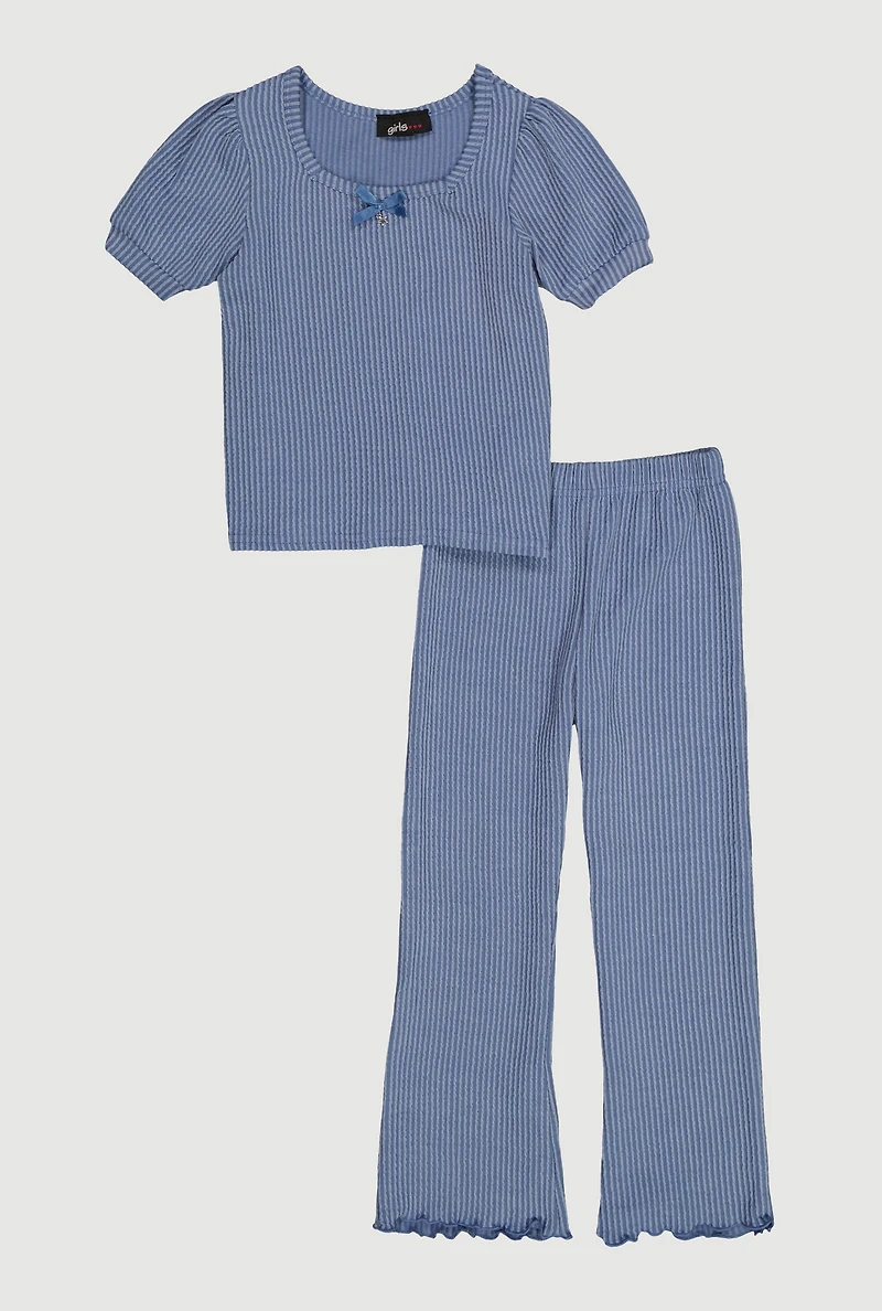 Little Girls Rib Knit Lettuce Edge Puff Sleeve Top and Pants