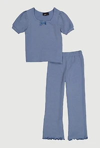 Little Girls Rib Knit Lettuce Edge Puff Sleeve Top and Pants