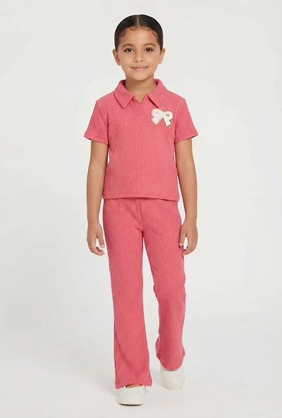 Little Girls Rib Knit Bow Graphic Polo Top and Flare Pants