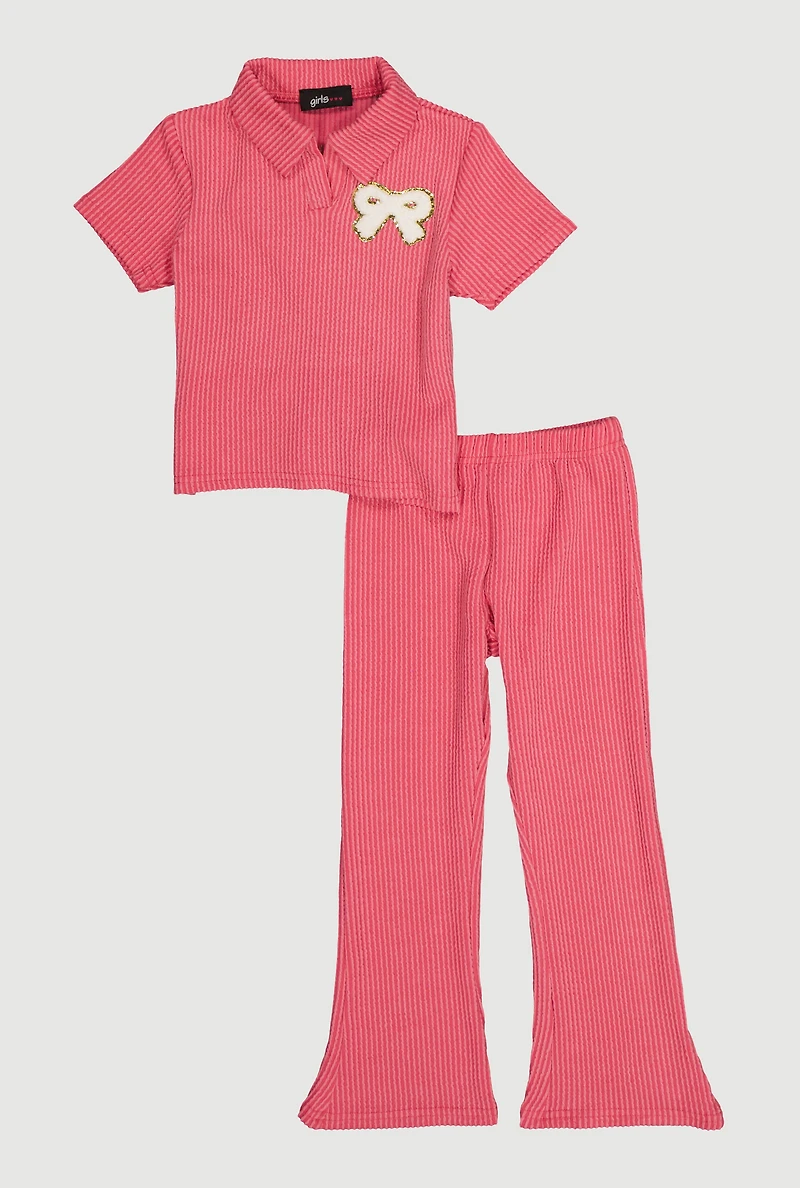 Little Girls Rib Knit Bow Graphic Polo Top and Flare Pants