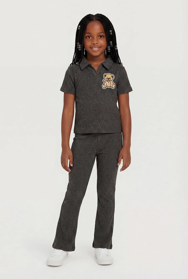 Little Girls Rib Knit Bear Patch Polo Top and Flare Pants