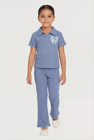 Little Girls Bow Patch Graphic Tee and Casual Pants