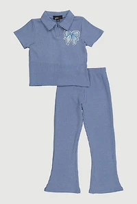 Little Girls Bow Patch Graphic Tee and Casual Pants