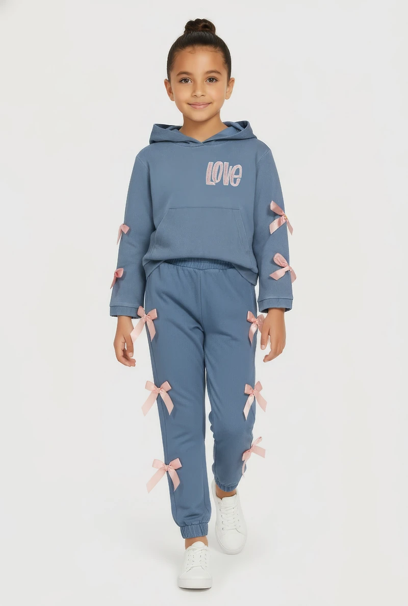 Little Girls Love Pullover Hoodie and Joggers with Bows,