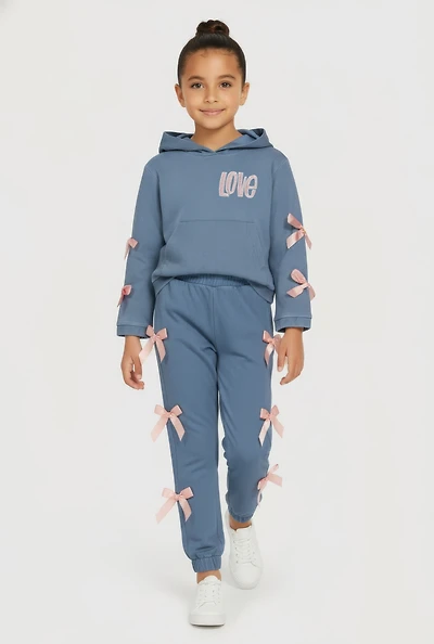 Little Girls Love Pullover Hoodie and Joggers with Bows,