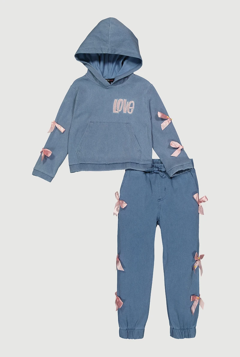 Little Girls Love Pullover Hoodie and Joggers with Bows