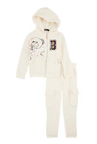 Little Girls Bear Foil Screen Graphic Zip Front Hoodie and Joggers