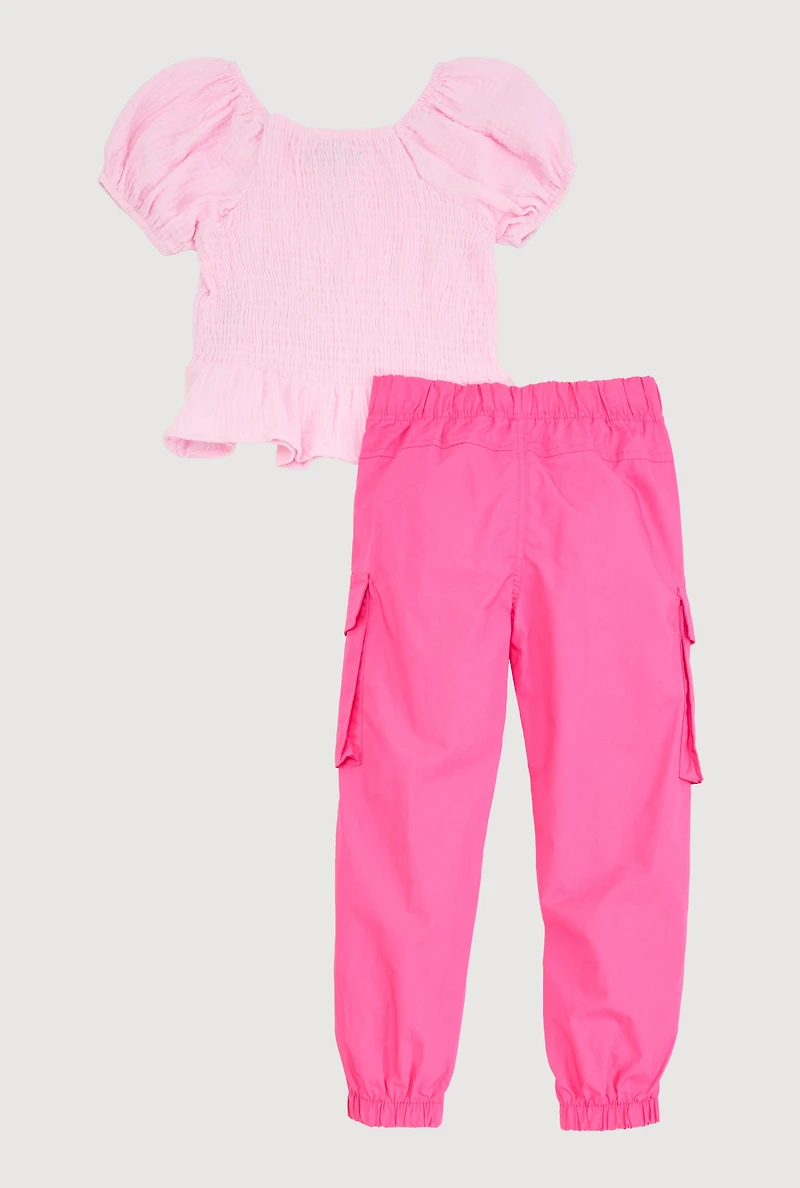 Little Girls Puff Sleeve Peasant Top and Cargo Joggers