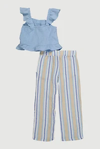 Little Girls Ruffle Smocked Top and Striped Pants, Blue, Size 4