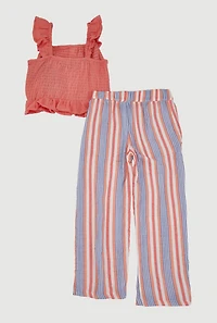 Little Girls Ruffle Smocked Top and Striped Pants, Orange, Size 5-6