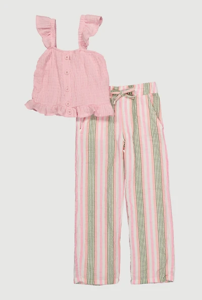 Little Girls Ruffle Smocked Top and Striped Pants, Pink, Size 4