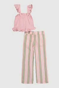 Little Girls Ruffle Smocked Top and Striped Pants, Pink, Size 4