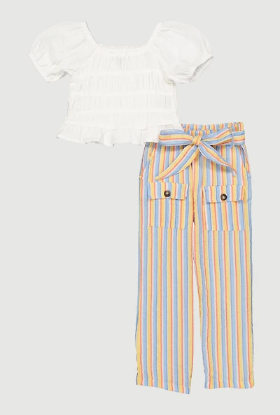 Little Girls Smocked Blouse and Tie Waist Belted Pants