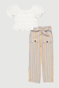 Little Girls Smocked Blouse and Tie Waist Belted Pants