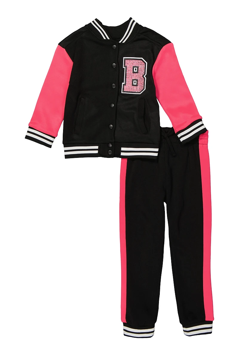 Little Girls Boss Bear Rhinestone Detail Varsity Jacket and Joggers