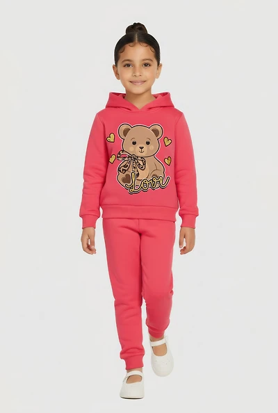 Little Girls Love Bear Glitter Graphic Hoodie and Joggers