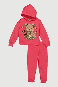 Little Girls Love Bear Glitter Graphic Hoodie and Joggers