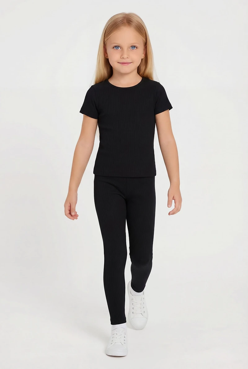 Little Girls Seamless Ribbed Tee and Leggings Set