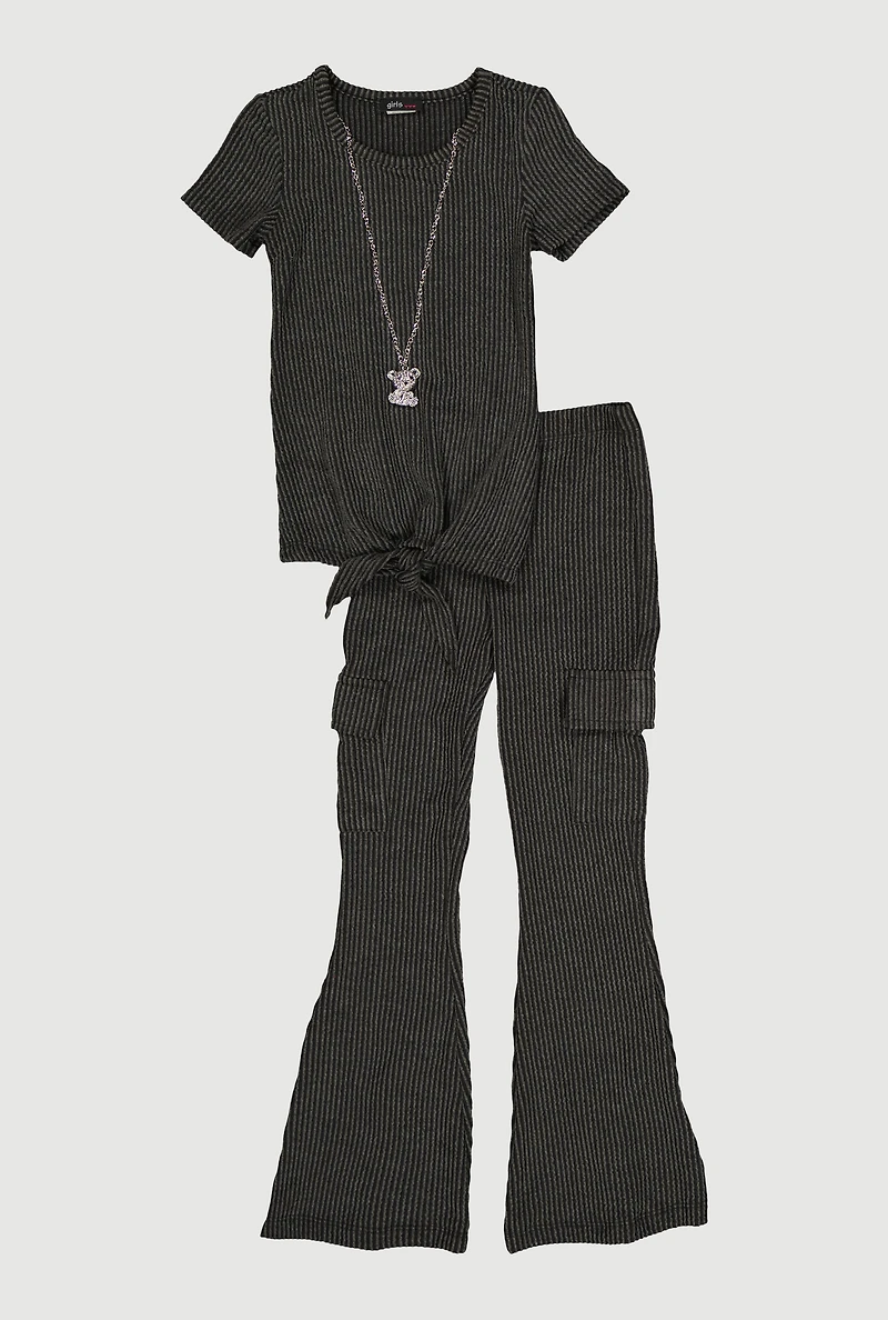 Little Girls Textured Rib Knit Top with Necklace and Flare Pants, Black, Size 4