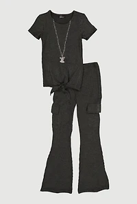 Little Girls Textured Rib Knit Top with Necklace and Flare Pants, Black, Size 4