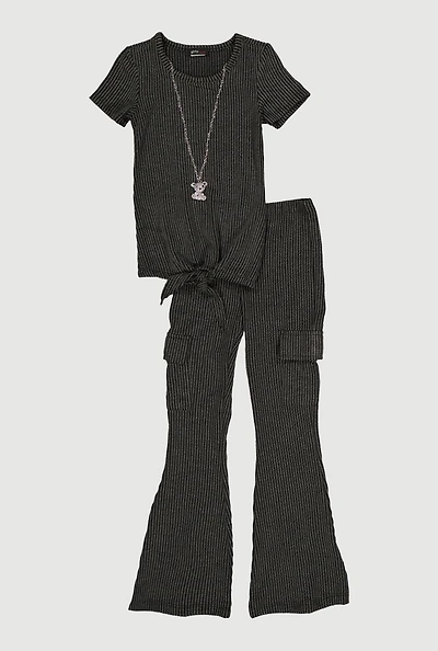 Little Girls Textured Rib Knit Top with Necklace and Flare Pants