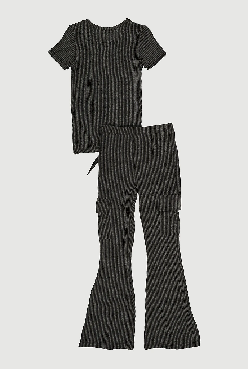 Little Girls Textured Rib Knit Top with Necklace and Flare Pants, Black, Size 4