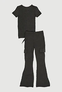 Little Girls Textured Rib Knit Top with Necklace and Flare Pants, Black, Size 4