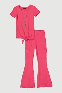 Little Girls Textured Rib Knit Top with Necklace and Flare Pants