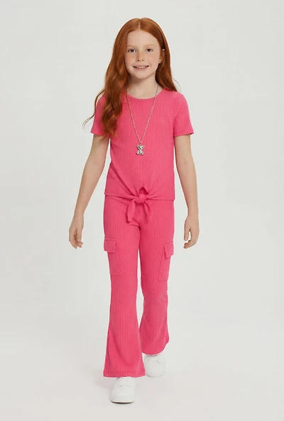 Little Girls Removable Bear Necklace Tee and Flare Pants