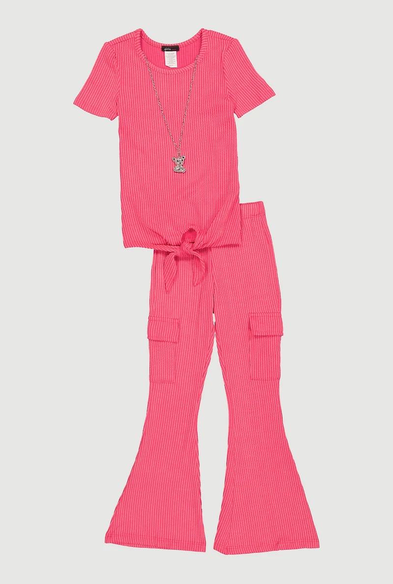 Little Girls Removable Bear Necklace Tee and Flare Pants