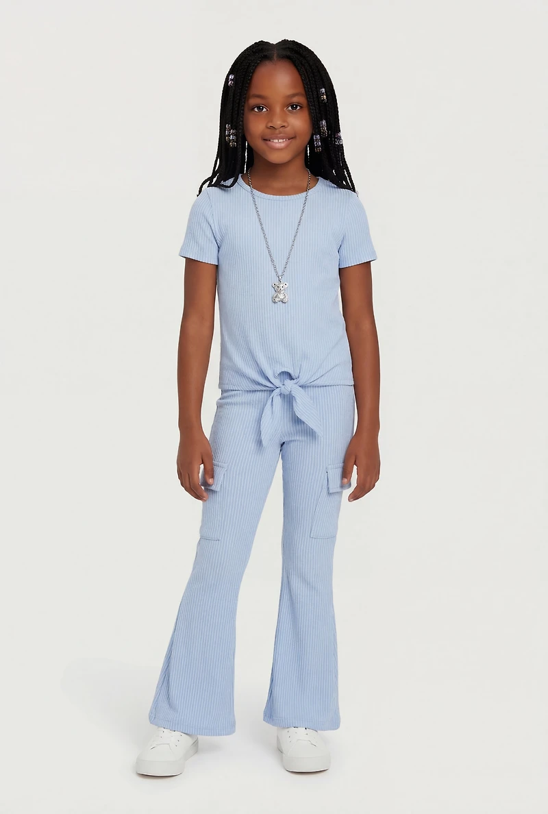 Little Girls Removable Bear Necklace Tee and Flare Pants