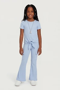 Little Girls Removable Bear Necklace Tee and Flare Pants