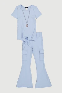 Little Girls Removable Bear Necklace Tee and Flare Pants
