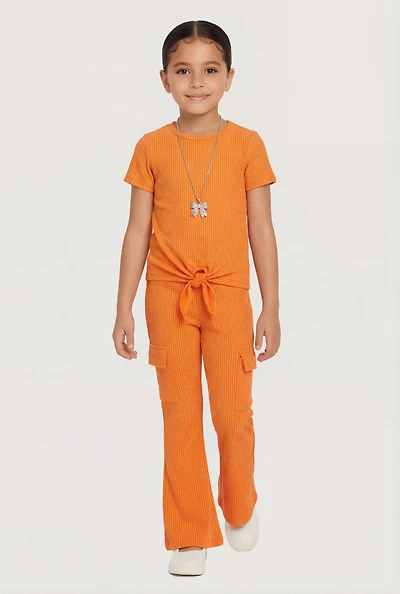 Little Girls Removable Bow Necklace Tee and Flare Pants