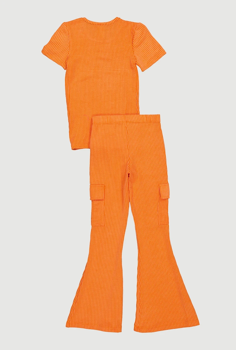 Little Girls Removable Bow Necklace Tee and Flare Pants