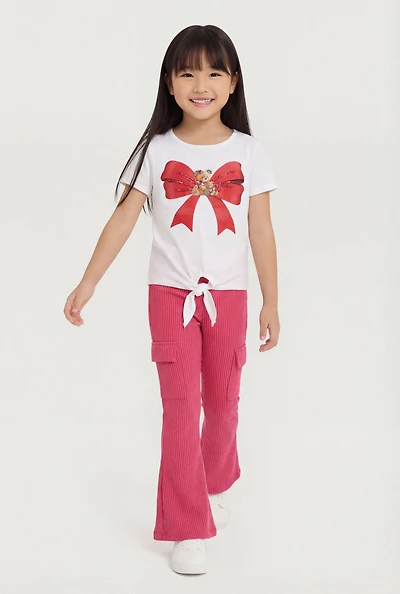 Little Girls Bear Bow Graphic Tee and Flare Leg Cargo Pants