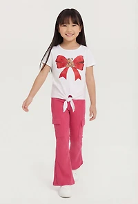 Little Girls Bear Bow Graphic Tee and Flare Leg Cargo Pants