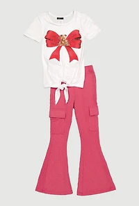 Little Girls Bear Bow Graphic Tee and Flare Leg Cargo Pants