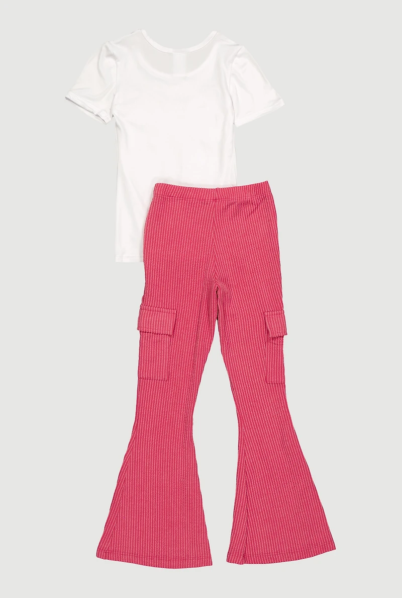 Little Girls Bear Bow Graphic Tee and Flare Leg Cargo Pants